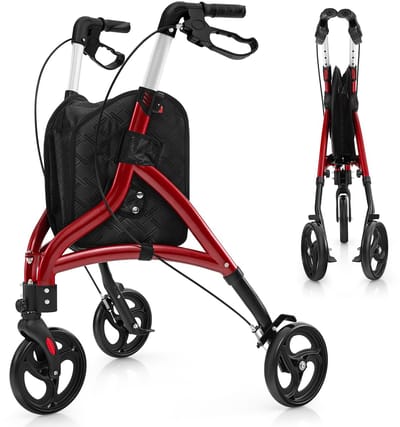 COSTWAY Rollator opvouwbaar en licht, met zitting, loophulp, 6-voudig in hoogte verstelbaar, driewieler, smal, loopwagen met tas en rem, aluminium frame, inklapbaar, voor senioren en volwassenen, rood