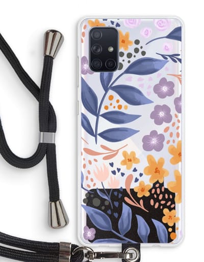 Case Company® - Hoesje met koord geschikt voor Samsung Galaxy A71 hoesje met Koord - Flowers with blue leaves - Telefoonhoesje met Zwart Koord - Bescherming aan alle Kanten en Over de Schermrand