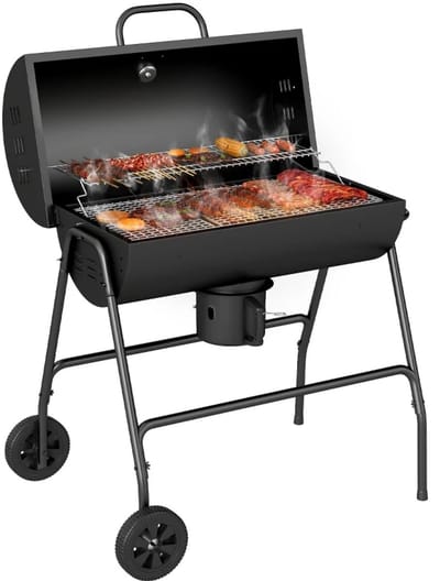 Premie Houtskool Barbecue - Smoker Barbecue - Houtskoolgrill - met Deksel, Thermometer, Wielen & Onderstel - BBQ voor Kamperen, Buiten, Tuin - 95 x 71,5 x 102 cm - Zwart