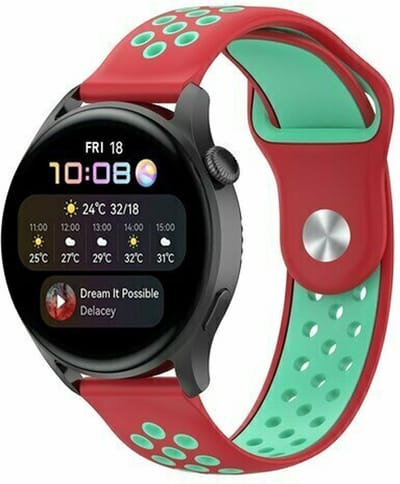 By Qubix - 22mm - Sport Edition siliconen band - Rood + mintgroen - geschikt voor Huawei Watch 3 / 4 / 5 (pro) - 46mm & geschikt voor Huawei Watch GT / GT 2 / GT 3 (pro) / GT 4 (pro) / GT 5 (pro) / GT 6 (pro) 46mm / Ultimate / Ultima