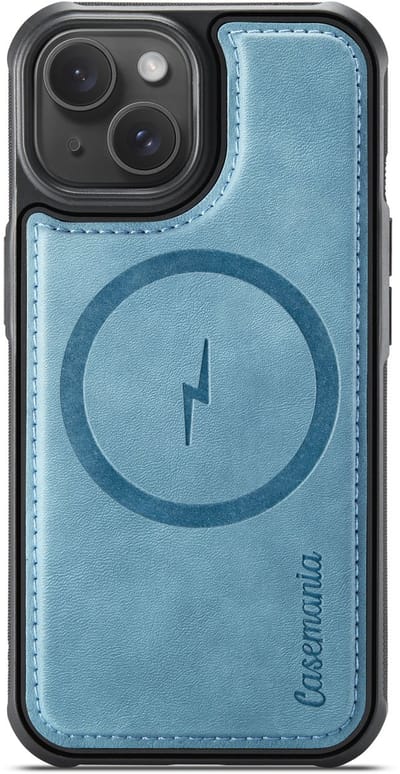 Casemania Hoesje Geschikt voor Apple iPhone 14 - Aqua Blue - Magnetische Telefoonhoesje Compatibel met MagSafe - Kunstleer Back Cover met Anti-Slip Grip Randen