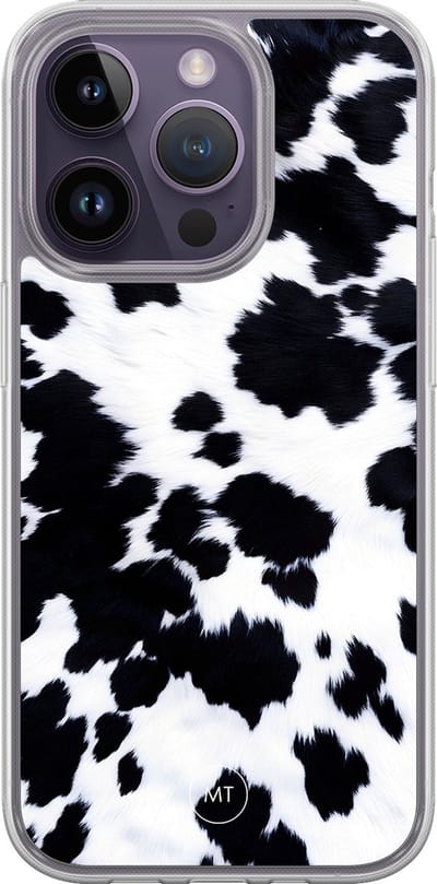 Hybride hoesje geschikt voor iPhone 15 Pro - Koeienprint - Extra bescherming - Luxe beschermhoes - TPU case - Transparant, Zwart, Wit - Mooie Telefoonhoesjes