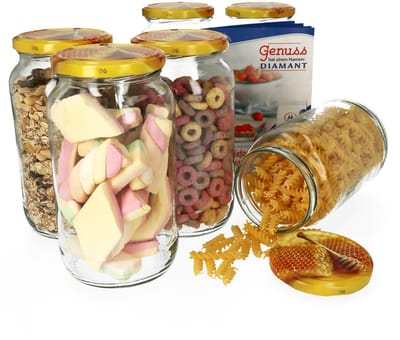 Set van 6 ronde potten 1062 ml Carino To 82 deksel met honingraat incl. Diamant Gelierzauber receptenboekje