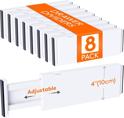 Famanu – Verstelbare ladeverdelers - 8-pack - hoogte 10 cm - lengte verstelbaar van 28–44,5 cm - duurzaam kunststof - ideaal voor lades - keukenkasten en kleding - flexibel inzetbaar en eenvoudig te monteren