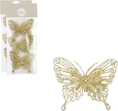 House of Seasons kerstboomversiering vlinders op clip - 3x st - goud - 10 cm