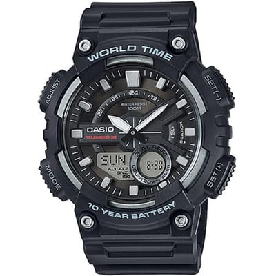 Casio Jeugdserie Rond Dubbel Display Zwarte Krijger Tien Jaar Batterij Sport Quartz Uurwerk Harsband Herenhorloges AEQ-110W-1A Random Watch Box gray