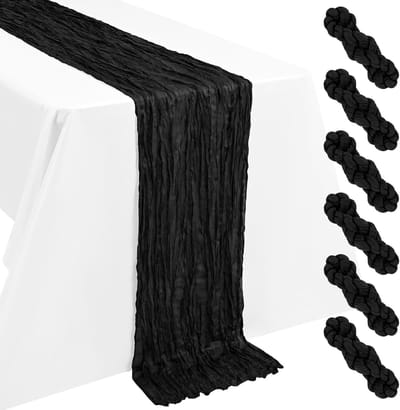 Set van 6 stuks, zwart, 55 x 300 cm, Boho kaasdoek, tafelloper, romantische lange, rustieke tafelloper van gaas, voor bruiloftsreceptie, bruidsborrel, babyshower, verjaardagsfeest, diner en vakantie