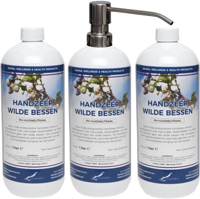 Handzeep Wilde Bessen 1 liter - set van 3 stuks - met gratis RVS zilverkleurige pomp - Voordeelverpakking