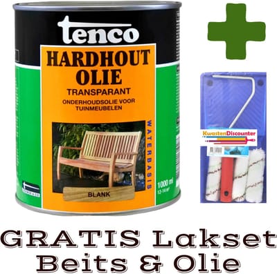Tenco Hardhout Olie Transparant 1L + GRATIS KwastenDiscounter Lakset Beits & Olie 5-Delig, 10 cm