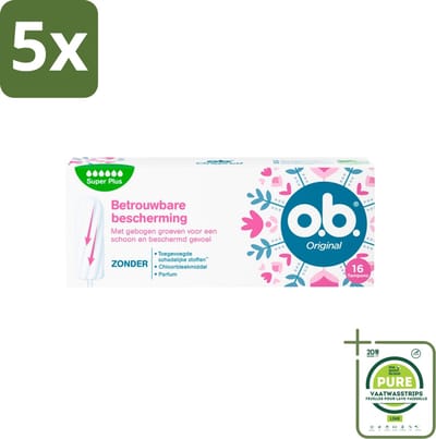 5 x o.b. Tampons - Original Super Plus - Voor Extra Bescherming en Comfort - 16 Tampons - Grootverpakking - Tampons - Menstruatiebescherming - Super Plus Tampons - Bescherming Tegen Lekkage - Plantaardige Kern