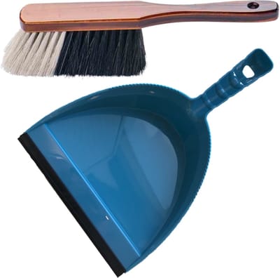 Stoffer en blik blauw/bruin van kunststof met lip voor binnen - Zachte stoffers/handvegers