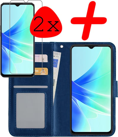 Hoesje Met 2x Screenprotector - Geschikt voor OPPO A57 - Luxe Pasjeshouder - Bookcase Portemonee - Flip Case - Kunstleer Book Case - Flipcase Hoes - Book Cover - Walletcase - Portemonneehoes - Donkerblauw
