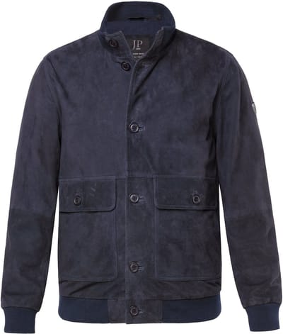 JP 1880 - Heren - Leren jack suède opstaande kraag knoopsluiting - Navy blauw - Maat L