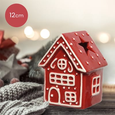 Rode waxinelichthouder huisje met Stippen dak van dolomiet - 12cm - kerstdecoratie - kerst - luxe theelichthouder - voor kaarsjes