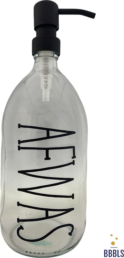 BBBLS® Design Dispenser "Afwas" | Transparant Glas | 1 liter | RVS / Metaal Pomp Zwart | Zeeppomp | Zeepdispenser | Zeephouder