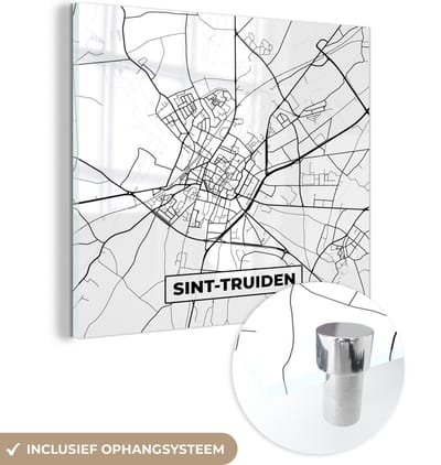 MuchoWow® Glasschilderij 90x90 cm - Schilderij acrylglas - Stadskaart – Plattegrond – België – Zwart Wit – Sint Truiden – Kaart - Foto op glas - Schilderijen