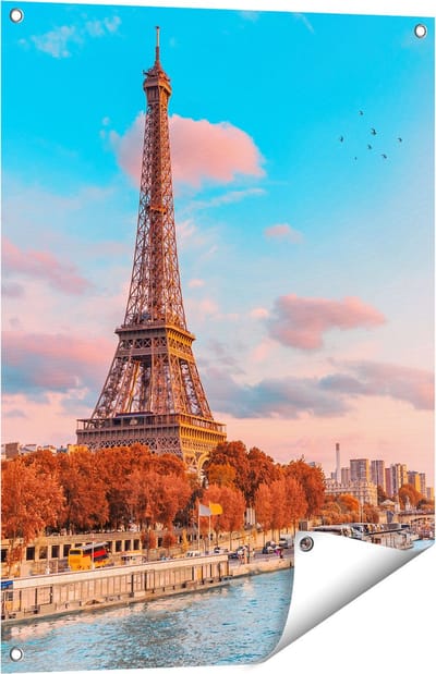 Gards Tuinposter Eiffeltoren in Parijs aan het Water - 60x80 cm - Tuindoek - Tuindecoratie - Wanddecoratie buiten - Tuinschilderij