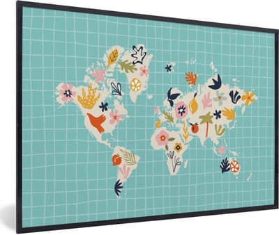 Poster in lijst - Fotolijst 120x80 cm - Posters - Wereldkaart - Bloemen - Matisse - Posterlijst zwart - Decoratie - Wanddecoratie woonkamer - Muurdecoratie slaapkamer