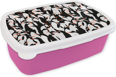 Broodtrommel Roze - Lunchbox - Brooddoos - Pinguïns - Dieren - Patronen - Zentangle - 18x12x6 cm - Kinderen - Meisje