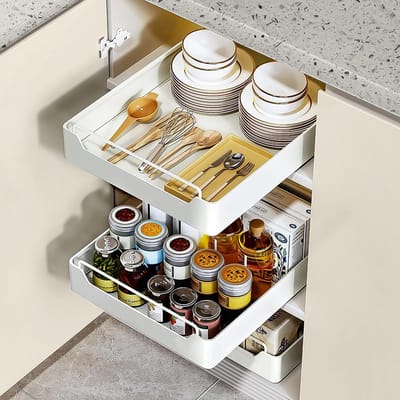 Uittrekbare lade voor keuken, kastorganizer, opbergplanken voor keukenkasten, woonkamer, thuis (25 cm b x 43 cm d x 7 cm h), geen boren, wit