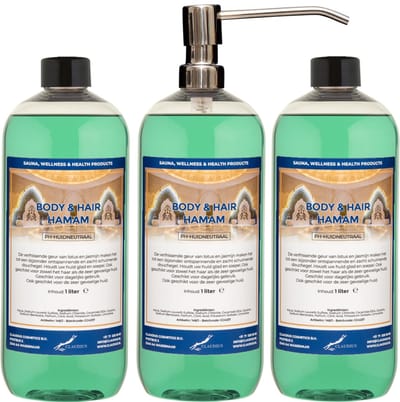 Body & Hair Hamam 1 liter met RVS zilverkleurige pomp - set van 3 stuks - 2 in 1 voor lichaam en haar - voordeelverpakking