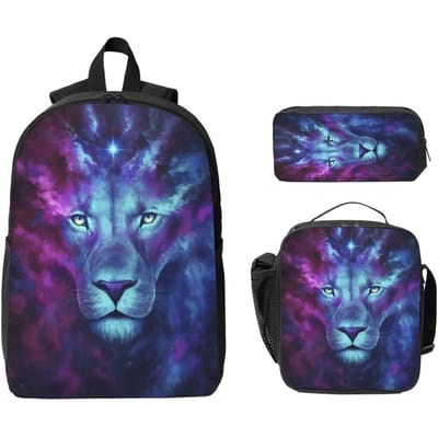 3-delige Hemelse Leeuw Rugzakset voor Jongen Meisje Pennenbakjes Boekentas Sets met Lunchbox Voor School Leerlingen Daypack blue