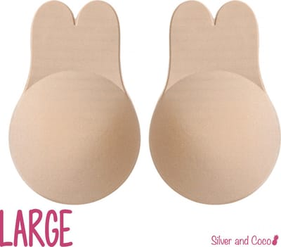 SilverAndCoco® - Push up Plak BH Bunny herbruikbaar / 2 stuks - 1 paar / Zelfklevende Invisible tepelplakkers / Onzichtbare Siliconen Tepel bedekkers Konijn BH Pads Silicone Nipple cover Strapless boob lift - Nude / Beige - Maat Large L