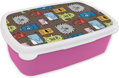 Broodtrommel Roze - Lunchbox - Brooddoos - Patronen - Monster - Dieren - Jongens - Kinderen - Kids - 18x12x6 cm - Kinderen - Meisje