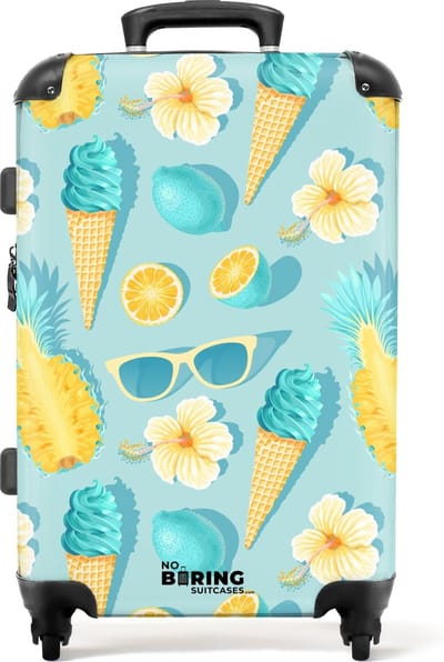NoBoringSuitcases.com® - Koffer groot - Rolkoffer lichtgewicht - Zomers patroon met bloemen en ijshoorntjes - Reiskoffer met 4 wielen - Grote trolley XL - 20 kg bagage