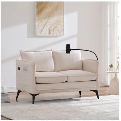 Canapé double - MUVOE - Moderne - Tissu beige - Support téléphone réglable - Rangement latéral
