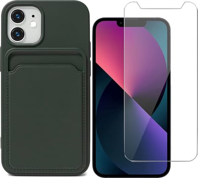 Hoesje Pasjeshouder geschikt voor iPhone 12 / iPhone 12 Pro Groen - Siliconen Case Back Cover + Screenprotector Glas