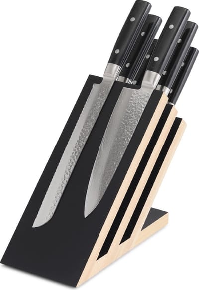 Yaxell Zen Messenset – 7-delig – Magnetisch Beukenhouten Messenblok met 6 Messen – 37 Lagen Damaststaal – Canvas-Micarta Heft