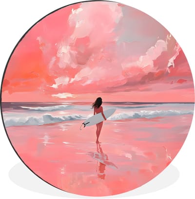 WallCircle - Wandcirkel - Muurcirkel - Roze - Surfen - Zee - Aluminium - Dibond - 30x30 cm - Binnen en Buiten