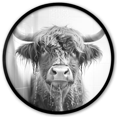 Poster in lijst Rond - Fotolijst 40x40 cm - Posters - Schotse Hooglander - Dier - Douche - Humor - Ronde posterlijst zwart - Decoratie - Wanddecoratie woonkamer - Muurdecoratie slaapkamer