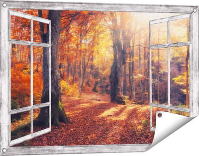 Gards Tuinposter Doorkijk Oranje Herfstbos met Zonneschijn - 90x60 cm - Tuindoek - Tuindecoratie - Wanddecoratie buiten - Tuinschilderij
