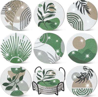 Acht Stuks Diamant Schilderij Onderzetters Met Houder Anti-Slip Diamond Coasters Voor Volwassenen Knutselen Wit En Groen Geschikt Voor Beginners En Gevorderden