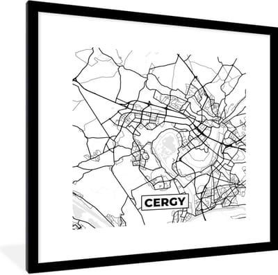 Fotolijst incl. Poster Zwart Wit- Kaart - Cergy - Plattegrond - Frankrijk - Stadskaart - Zwart wit - 40x40 cm - Posterlijst