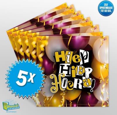 5x Muziekwenskaart - Hiep hiep hoera – zelf opneembaar – 60 seconden – 21x21cm – hoge kwaliteit – inclusief envelop