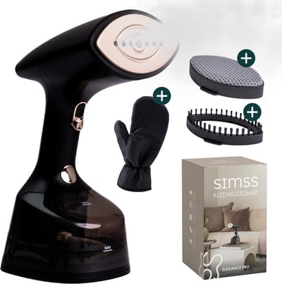Simss® - Kledingstomer - Krachtige Handstomer voor Kleding en Meubilair - Stoomapparaat met 2 Opzetborstels - Snelle opwarmtijd - Inclusief Warmtebestendige Handschoen - 1800W - 300ml - Steamer - Elegant design - Mat - Zwart