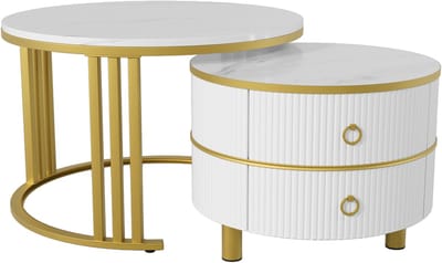MODFU Set van 2 salontafels 70x70 cm + 50x50 cm van MDF, wit met marmerpatroon en hoogglans, met 2 lades