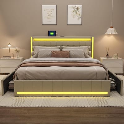 Gestoffeerd Tweepersoonsbed 160 x 200 cm met USB en 4 Laden - Bed met Opbergruimte en Hoofdeinde