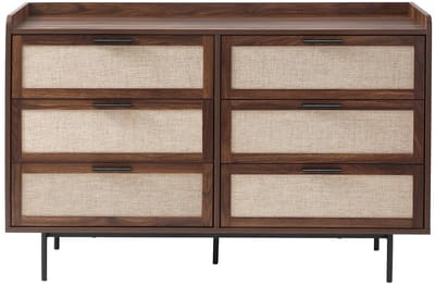 CALICOSY - Commode met notenhouten decor, 6 lades, fronten van echt leer, L120 cm - JETSON