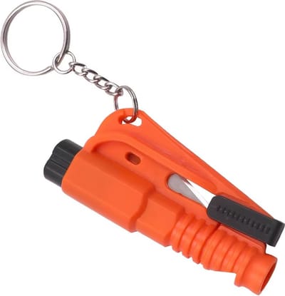 Noodhamer sleutelhanger | Veiligheidshamer | 3 in 1 | Oranje | Auto hamer | Gordelsnijder | Autoruit breker | Noodfluit |