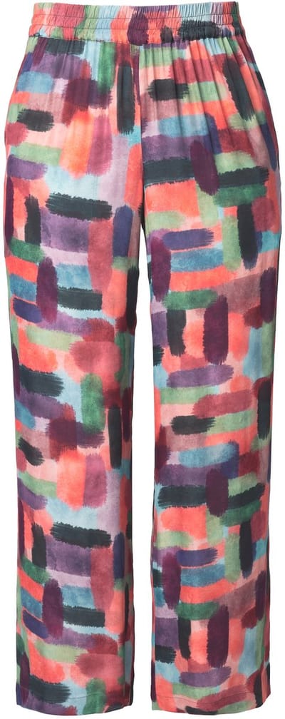 Ulla Popken - Dames - Satijnen broek print wijde pijp elastische tailleband - Zwart - Maat 42+