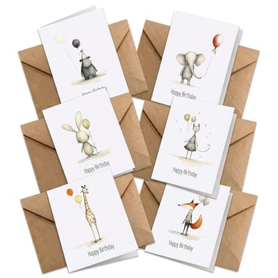 Multikleur felicitatie kaarten set met enveloppen 12 stuks – verjaardags kaarten met dieren illustraties inclusief kraft enveloppen – compacte kaartenset voor dames en heren