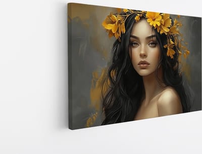 Saammp - Canvas Schilderij - Vrouw met gele bloemen - Abstract - 30x20 - Foto op canvas - Wanddecoratie - Muurdecoratie Woonkamer - Slaapkamer decoratie - Canvas Print