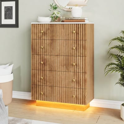 Commode met 5 laden, ladekast voor de slaapkamer met ledverlichting, natuurlijke opbergkast, archiefkast, dressoir voor de woonkamer