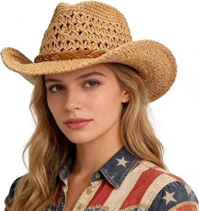 VHV - Cowboyhoed - Opvouwbare zonnehoed met brede rand en kinband - Western stijl voor strand, reizen en camping - Bruin