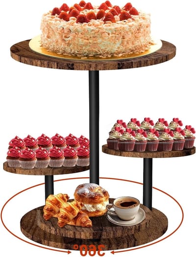 Retro Houten Taartstandaard met Draaimogelijkheid voor Bruiloften, Verjaardagen en Buffetten - 4 Laags Rond Design