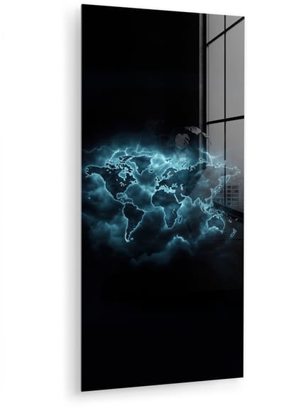 MuchoWow® Glasschilderij 40x80 cm - Schilderij acrylglas - Wereldkaart - Bliksem - Blauw - Foto op glas - Muurdecoratie woonkamer - Wanddecoratie slaapkamer - Schilderijen